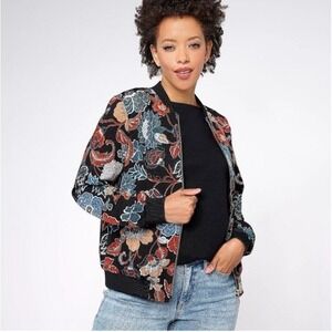 Susan Graver Printed Manhattan Twill Zip-Front Bomber Jacket  QVC Size 1X Floral